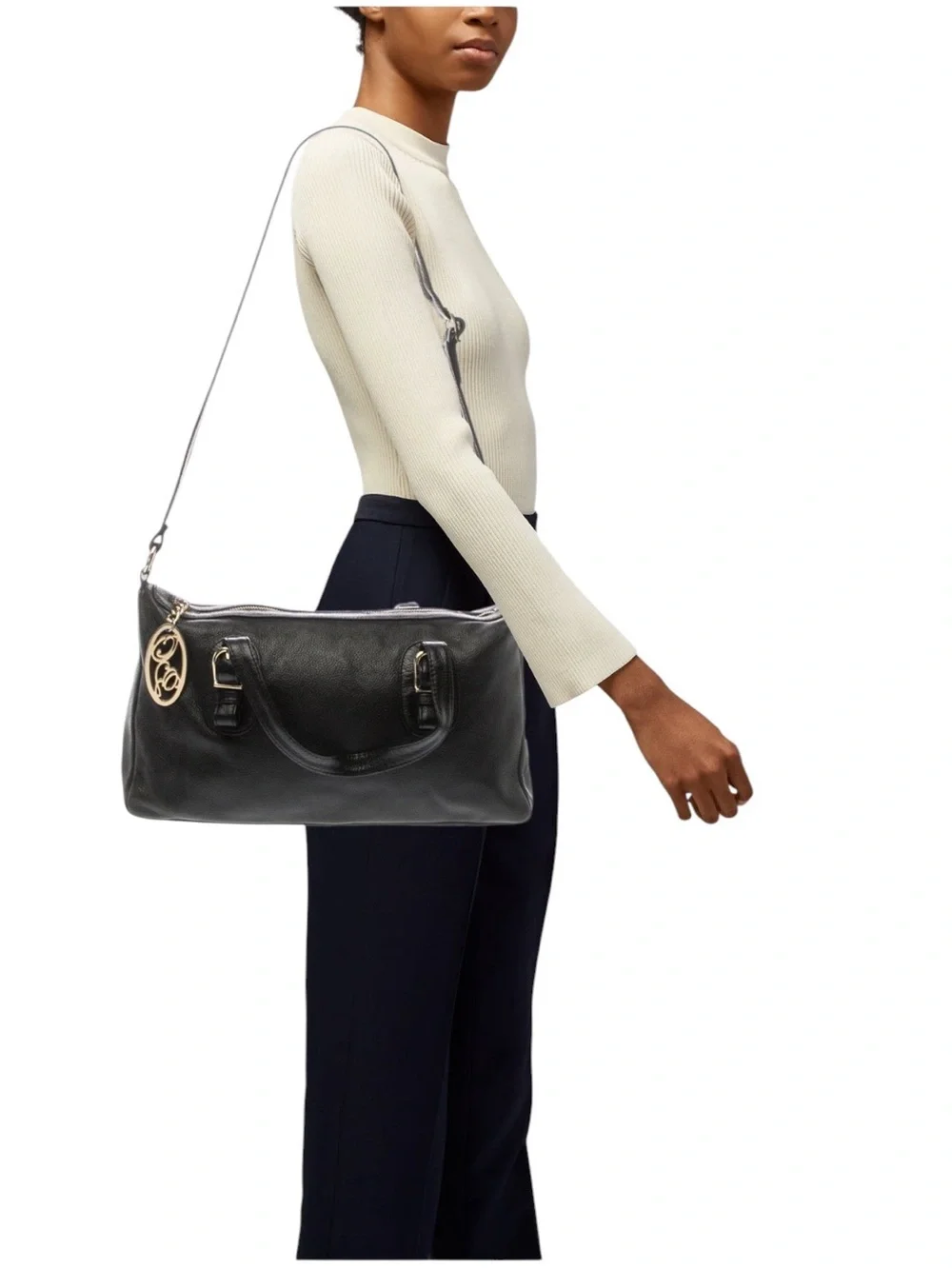 Onna Ehrlich Black Leather Satchel with Gold Charm - Women’s Everyday Tote